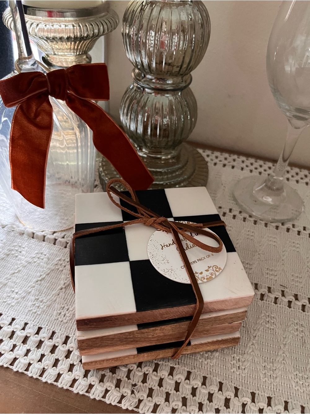 Checkerboard  Coaster Set with Brown Trim - White & Black